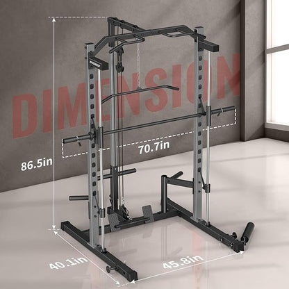 OPPSDECOR Smith Machine Power Rack for Home Gym - All-in-One Power Cage Squat Rack with LAT Pulldown, Cable Machine & Barbell Bar - Multi-Functional Strength Training Equipment