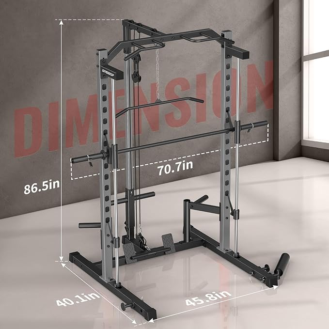 OPPSDECOR Smith Machine Power Rack for Home Gym - All-in-One Power Cage Squat Rack with LAT Pulldown, Cable Machine & Barbell Bar - Multi-Functional Strength Training Equipment