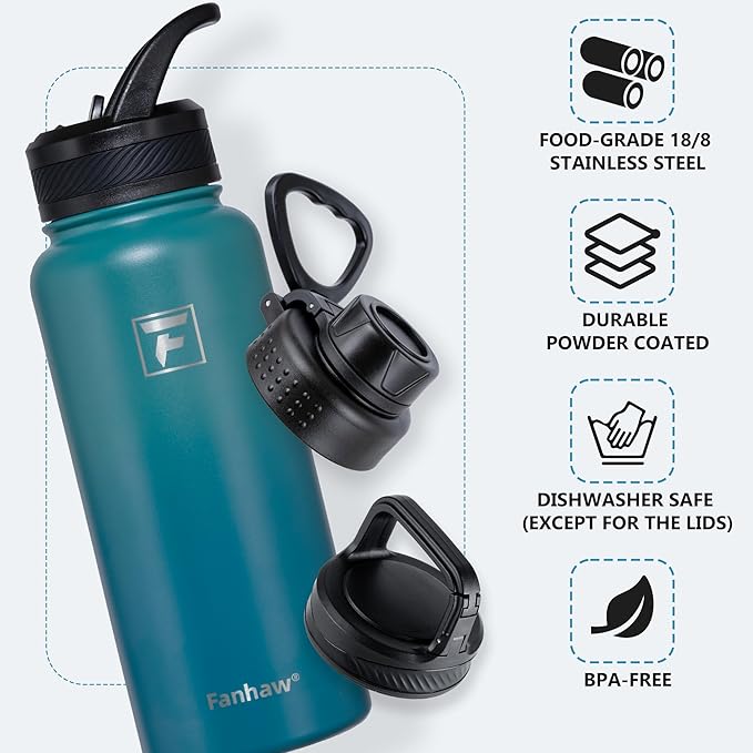 Fanhaw 32 oz Insulated Water Bottle – Portable Stainless Steel Flask with 3 Lids (Straw, Spout, Carabiner) | Leakproof, for Gym, Hiking, Work, Travel & Everyday Use (Green Blue)