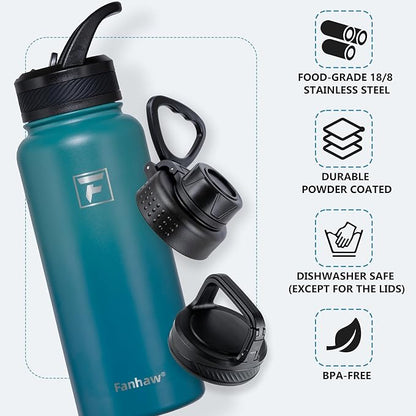 Fanhaw 32 oz Insulated Water Bottle – Portable Stainless Steel Flask with 3 Lids (Straw, Spout, Carabiner) | Leakproof, for Gym, Hiking, Work, Travel & Everyday Use (Green Blue)
