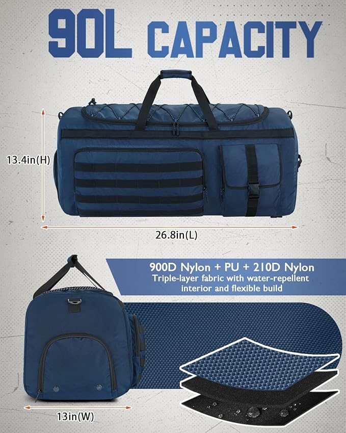Gonex 90L Extra Large Duffel Bag for Men, Heavy Duty 3 in 1 Convertible Carry Travel Duffle, with Shoe Compartment, Tactical Loops, Sports Gear Bag for Family Trips (Dark Blue)