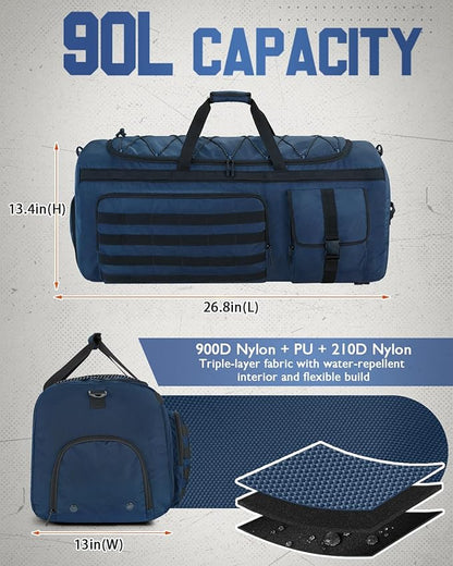 Gonex 90L Extra Large Duffel Bag for Men, Heavy Duty 3 in 1 Convertible Carry Travel Duffle, with Shoe Compartment, Tactical Loops, Sports Gear Bag for Family Trips (Dark Blue)