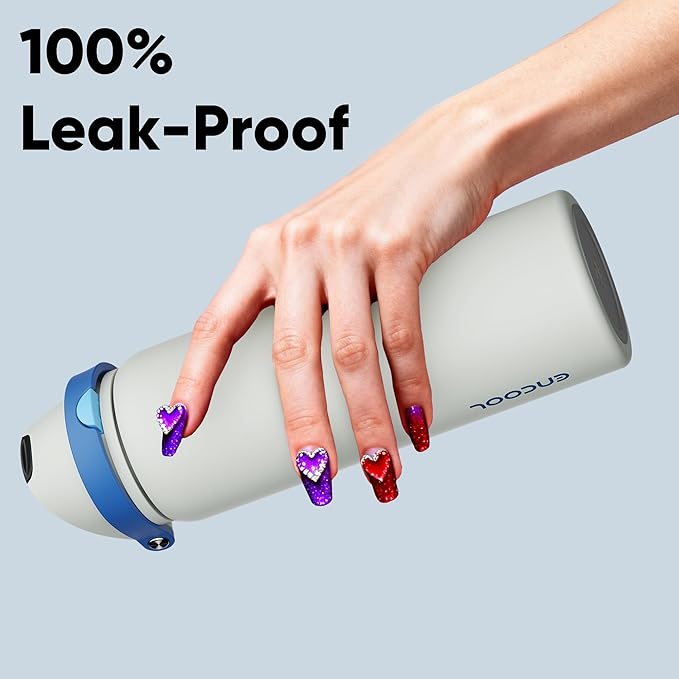 Insulated Water Bottle with Straw - Encool Stainless Steel Water Bottle with Push Button Lid, Leak-Proof & BPA-Free, Keeps Cold for 24 Hours for Sports, Travel, Gym (32 oz, Quill Grey-Blue)