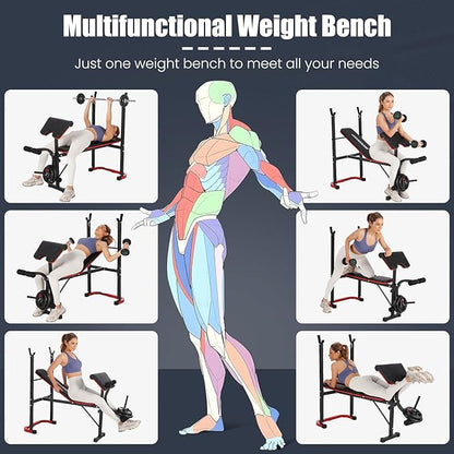 OPPSDECOR 661LBS Weight Bench Set, 8 in 1 Adjustable Bench Press with Squat Rack Leg Extension & Leg Curl Workout Bench with Safety Bar Catches Standard Weight Training Benches for Home Gym