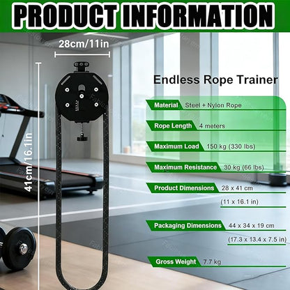 Ultimate Portable Home Gym: Endless Rope Trainer & Cable Pulley System, Adjustable Tension for Upper/Lower Body, Core, Grip Training, Perfect for Small Spaces & Travel