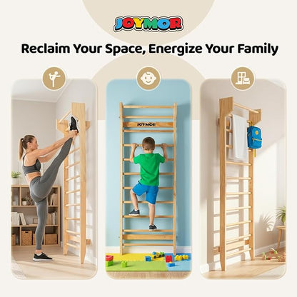 JOYMOR Gymnastics Swedish Ladder, Multiuse Exercise Ladder, Wall Mounted Pull Up Bar, Physical Therapy for Stretching and Various Exercises, Indoor Gym Workout Yoga (Wood Stall Bar)