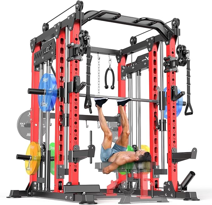 Multi-Purpose Squat Rack,Smith Machine Weight Rack Set with Cable Crossover System, Home Gym Power Racks, Power Racks and Packages