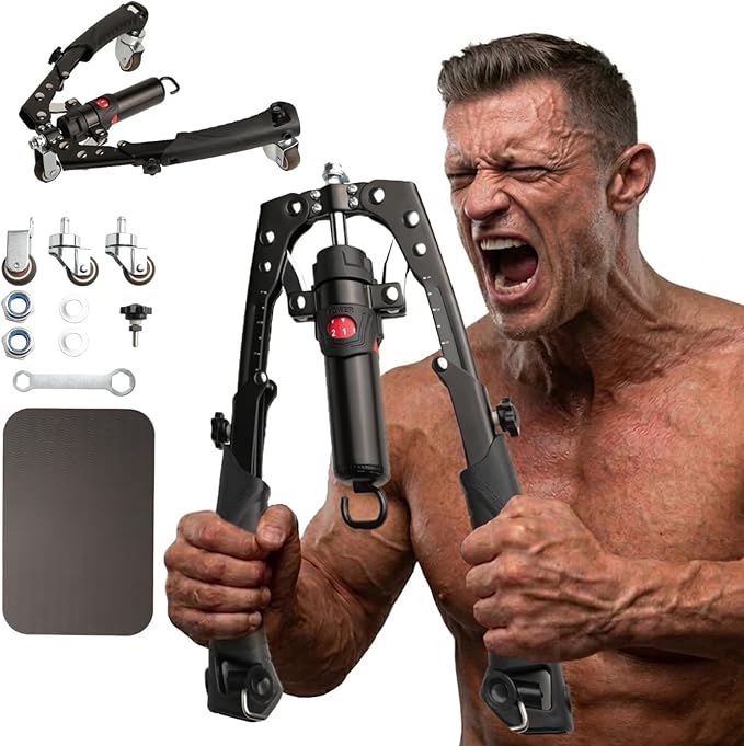 Hydraulic Arm Trainer, Chest Muscle Exerciser with 15-Level Adjustable Resistance & Ab Roller, Portable 5-in-1 Home Gym Equipment for Upper Body Strength Workout