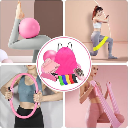 Pilates Essentials Kit for Women, Home Pilates Kit – 12" Pilates Ring, 9" Pilates Ball, Stretching Strap, 5 Resistance Bands, Yoga Socks, Pilates Kit for Home Workouts, Core Strength & Flexibility