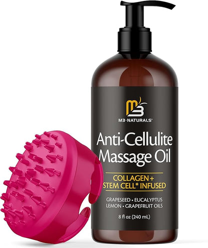 Anti Cellulite Massage Oil and Silicone Body Brush – Collagen and Stem Cell Skin Tightening Formula for Smoothing and Firming, 8 fl oz by M3