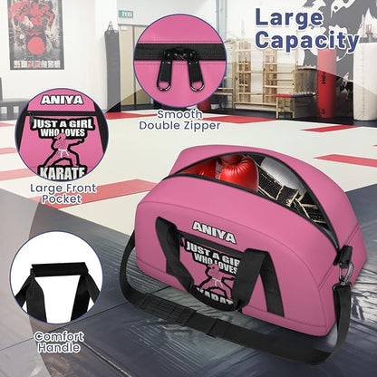 Custom Name Taekwondo Karate Duffle Bag for kids Girls - Personalized Martial Arts Gear Bag, Water-Resistant Sparring Equipment Bag, Karate Pink