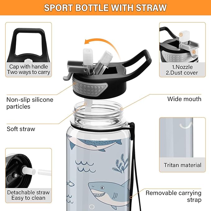Burbuja Cute Cartoon Sharks 32 oz Water Bottle with Straw Lid, Leakproof & BPA Free Tritan Bottle for Gym Fitness Outdoor Sports