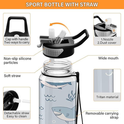 Burbuja Cute Cartoon Sharks 32 oz Water Bottle with Straw Lid, Leakproof & BPA Free Tritan Bottle for Gym Fitness Outdoor Sports