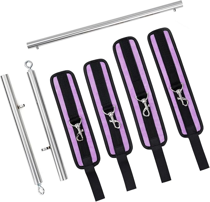 Spreader Bar Heavy Duty Stainless Steel Expandable Silver Bar Home Gym with 4pcs PU Purple Adjustable Strap,Sports Aid Training Fitness Gear Pilates Aid Kit,Yoga Set