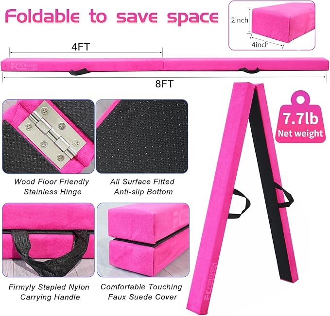 8FT Folding Balance Beam -Gymnastics Floor Beam -Gymnastics Equipment for Kids,Wood core- Anti-Slip Bottom and Carrying Bag for Home