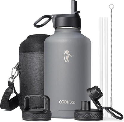 64 oz Insulated Water Bottle with Straw & 3 Lids, Coolflask Half Gallon Water Jug Large Metal Stainless Steel Wide Mouth for Sports, Gym or Office, Non-BPA Keep Cold 48H Hot 24H, Knight Grey