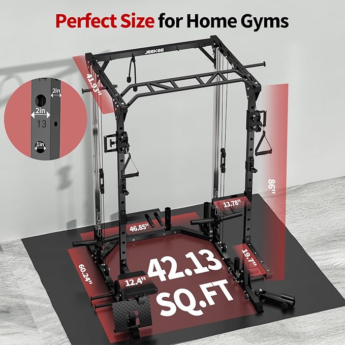 JEEKEE Power Cage with Cable Crossover System, 2000LB Multi-Function Power Rack with Independent Dual Pulleys, LAT Pulldown Seat Cushion, 20+ Attachments Squat Rack for Home Gym Workout