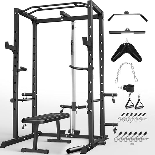 Power Cage, Multi-Functional Power Rack with J-Hooks, Dip Handles, Landmine Attachment and Optional Cable Pulley System for Home Gym