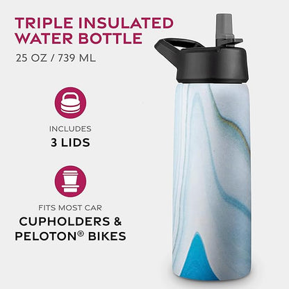 FineDine Water Bottle - Stainless Steel Insulated Water Bottle with Straw Lid, Flip Lid & Wide-Mouth Cap - Keeps Hot and Cold - 25 Oz / 739ml - Exquisite Blue Marble