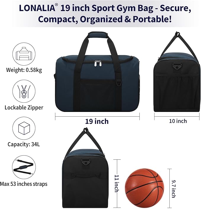 35L Sports Gym Duffle Bag - 19 inch Weekender Duffel for Workout, Basketball, Fitness, Training (Navy Blue)