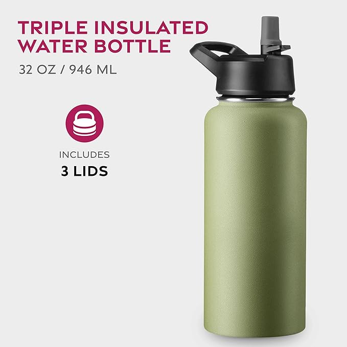 FineDine Water Bottle - Stainless Steel Insulated Water Bottle with Straw Lid, Flip Lid & Wide-Mouth Cap - Keeps Hot and Cold - 32 Oz / 946ml - Army Green