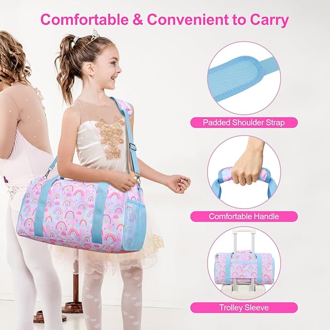 Bagseri Dance Bag for Girls - Kids Duffle with Shoe Compartment, Gymnastics Tote for Sleepover Travel with Water Resistant Wet Pocket (Light Purple Blue Rainbow)