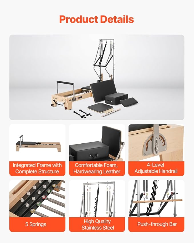 VEVOR Pilates Reformer Accessories for Home Gym, Include Reformer Box/Chair/Spine Corrector/Wall Mounted Machine/Jump Board/Foldable & Dual Resistance Springs