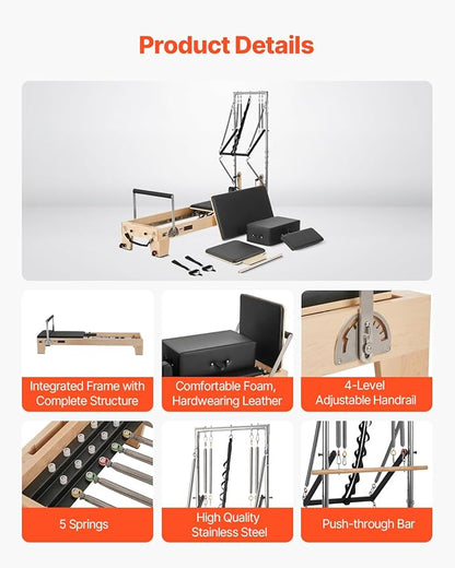 VEVOR Pilates Reformer Accessories for Home Gym, Include Reformer Box/Chair/Spine Corrector/Wall Mounted Machine/Jump Board/Foldable & Dual Resistance Springs