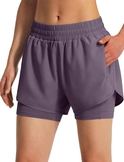 Ksmien Women's 2 in 1 Running Shorts Quick Dry Athletic Gym Workout Shorts with Liner Phone Pockets