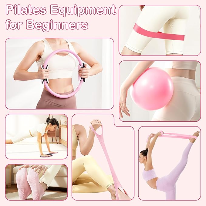 Hoedia 17 PCS Pilates Kit for Women, Pilates Equipment Ring and Ball Set with Resistance Bands, Yoga Strap, Core Sliders, Socks, Bag & Guide for Starter Home Workout Fitness Gym Essentials