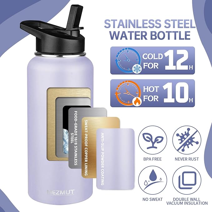 Insulated Water Bottle with Straw&2 Lids 32oz Metal Water Bottle Leakproof Travel Stainless Steel Water Bottles Reusable Double Wall Gym Sports Cup Flask for Camping Hiking, Purple