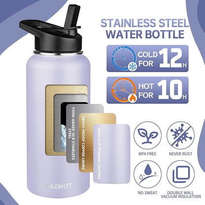 Insulated Water Bottle with Straw&2 Lids 32oz Metal Water Bottle Leakproof Travel Stainless Steel Water Bottles Reusable Double Wall Gym Sports Cup Flask for Camping Hiking, Purple