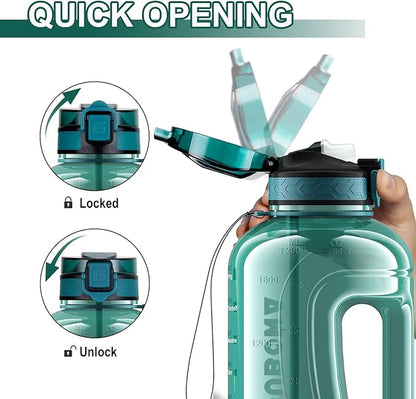 GIFUBOWA 64oz Sports Durable Water Bottle with Handle Leak Proof 2000ml Big Bottle with Straw and Time Marking Ideal for Gym, Running Outdoor or Indoor Activities Clear Cyan