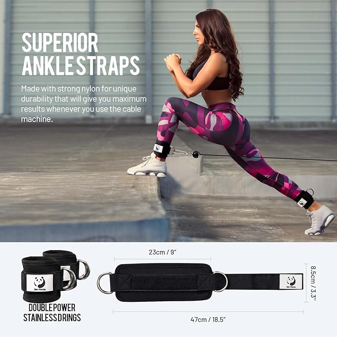 Slim Panda Ankle Strap for Cable Machine,Ankle Cuff for Kickbacks, Booty Hip Abductors,Glute Workouts, Leg Extensions, Curls for Men and Women, Adjustable with Double D-Rings