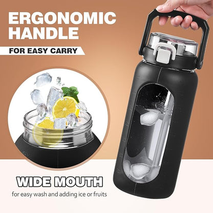 BLUEGO 64oz Glass Water Bottle with Handle and Straw, Motivational Sports Water Bottle with Time Marker and Silicone Sleeve Leakproof Drinking Bottle for Travel Gym Workout, Black