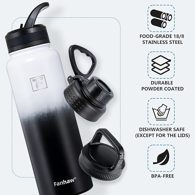 Fanhaw 40 oz Insulated Water Bottle – Stainless Steel Flask with 3 Lids (Straw, Spout, Carabiner) | Durable, Leakproof, for Hiking, Camping, Outdoor Adventures & Travel (White Black)