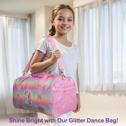 Bagseri Dance Bag for Girls - Kids Duffle with Shoe Compartment, Gymnastics Tote for Sleepover Travel with Water Resistant Wet Pocket（Glitter Unicorn, Pink）