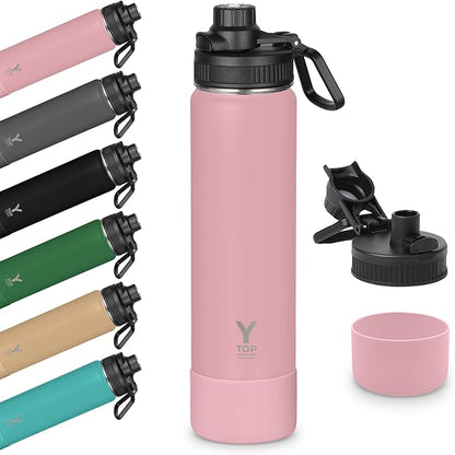 Y TOP 24oz Insulated Water Bottle Leak Proof Spout Lid Fits in Car Cup Holder – Double Wall Dishwasher Safe Easy Clean stainless steel drinking water bottle for Gym Kids Sports Travel Hiking School