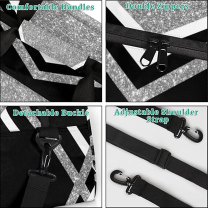 Cheerleading Dance Bag Girls, Sports Bag Gym Sport Duffel Bag Weekender Cheerleaders Bags Travel Dancing Lightweight Bag, Silver Black Glitters Print Effect