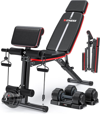 XDDIAS Adjustable Weight Bench, Workout Bench with Leg Extension and Preacher Curl Pad, Weight Bench for Home Gym, Foldable Exercise Bench, Quick Adjustment Incline Bench Press
