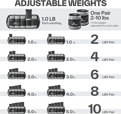 Sportneer Adjustable Ankle Weights Set - 1 Pair (2-10 lbs) Removable Sandbags for Women & Men, Comfortable Neoprene Leg Weights for Walking, Running, Pilates, Yoga, Home Workout & Physical Therapy