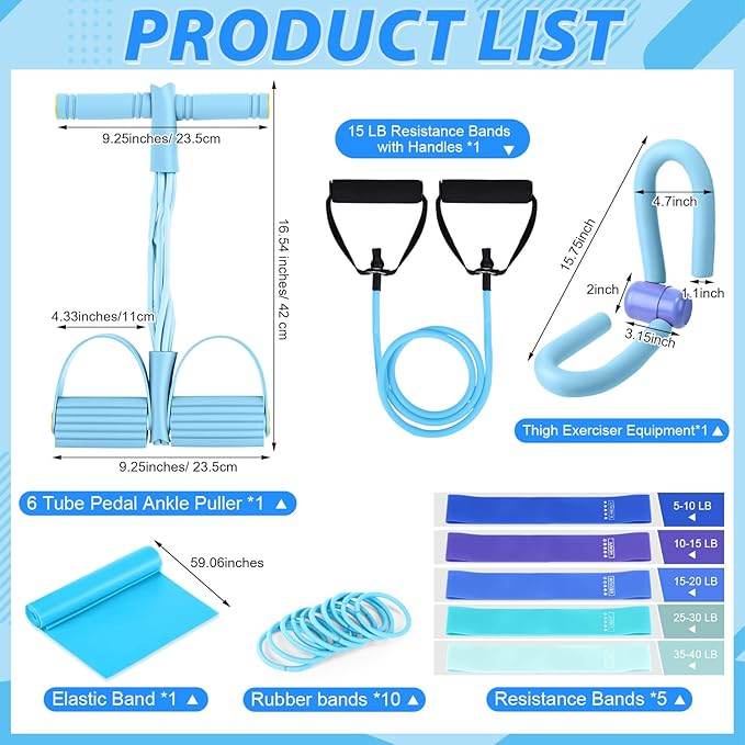 17 Pcs Home Pilates Kit with Resistance Bands 6 Tube Pedal Puller Resistance Band Set for Women Weight Loss Leg Training Workout Equipment Gym Exercise Equipment Beginners Yoga