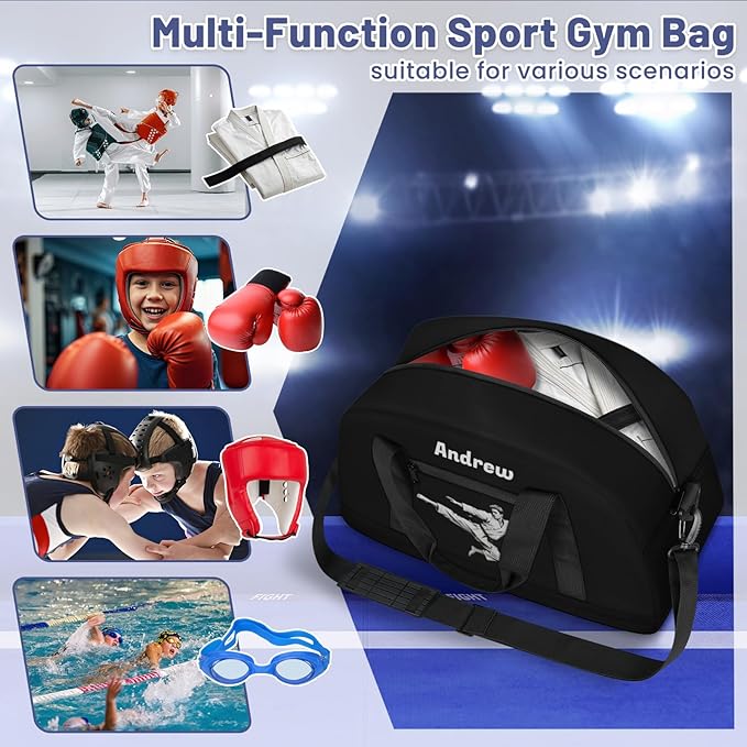 Custom Name Taekwondo Karate Duffle Bag for kids Boy Girls - Personalized Martial Arts Gear Bag, Water-Resistant Sparring Equipment Bag, Black Taekwondo