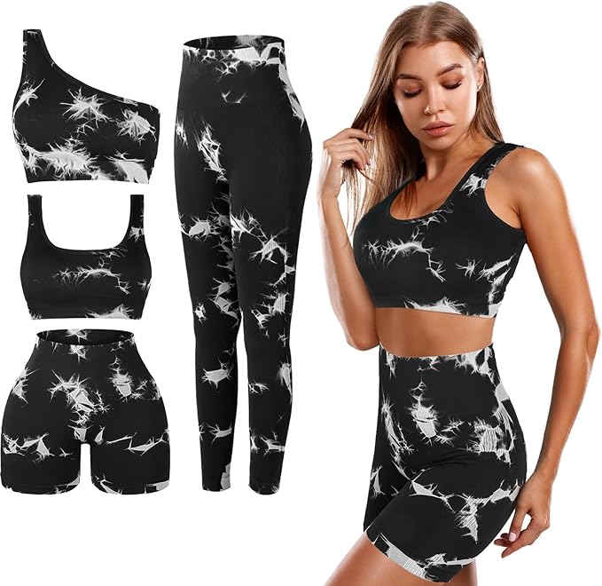 4 Pcs Women's Workout Sets Pilates Exercise Outfit Ribbed Scoop Neck Sports Bra Shorts Leggings Gym Clothes Set