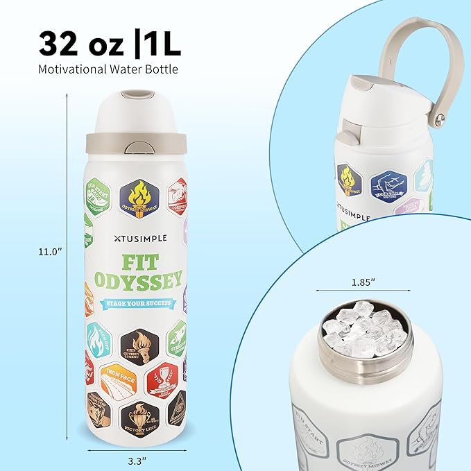 32 oz Motivational Insulated Stainless Steel Water Bottle for Sports, Gym & Travel, 2-in-1 Push-Button Spout & Quick-Flip Straw, Leak-Proof BPA-Free, Keeps Cold 30H, with DIY Fitness Stickers