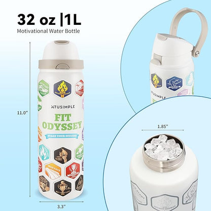 32 oz Motivational Insulated Stainless Steel Water Bottle for Sports, Gym & Travel, 2-in-1 Push-Button Spout & Quick-Flip Straw, Leak-Proof BPA-Free, Keeps Cold 30H, with DIY Fitness Stickers
