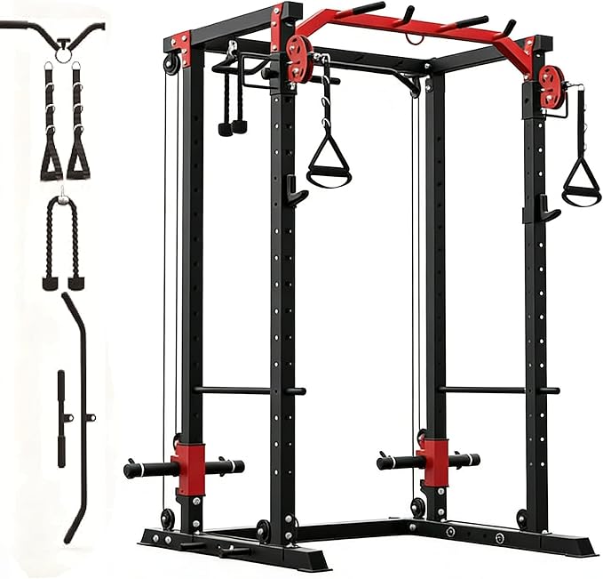 Power Cage for Home Gym, 2000LBS Power Squat Rack with Cable Crossover & Pulley System, Workout Cage Smith Machine for Full Body Strength Training