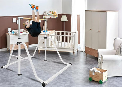 Foldable & Moveable Gymnastics Horizontal Bar with Rings,3’to 5’Adjustable Height Expandable Junior Kip Bar for Home,Indoor Gym Equipment for Kids