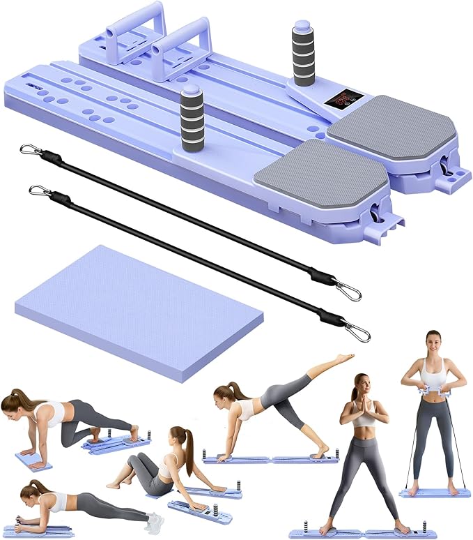 Pilates Reformer Board for Home, 12-in-1 Split Portable Pilates Machine with Ski Simulator & Digital Timer | Home Workout Equipment Kit for Full Body, Abs, Glutes, Balance Training