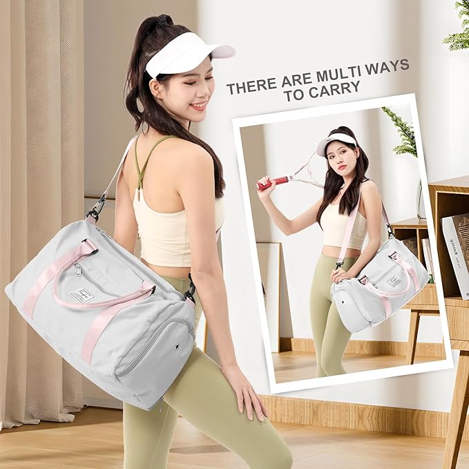 Gym Bag for Women with Shoes Compartment Small Duffel Bag Sport bag with Toiletry Bag Overnight Travel Tote Bags Weekender Carry on Bags Personal Item Bag for Airlines Grey Pink